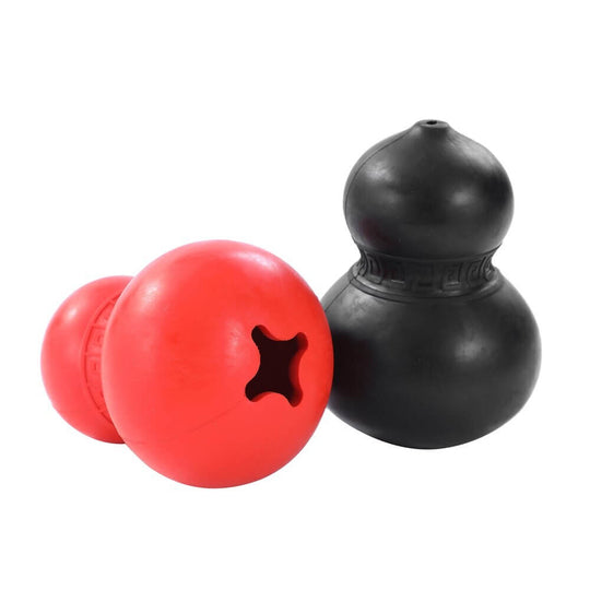 Durachew rubber dog chew toys in red and black, designed for tough chewers and dental hygiene.