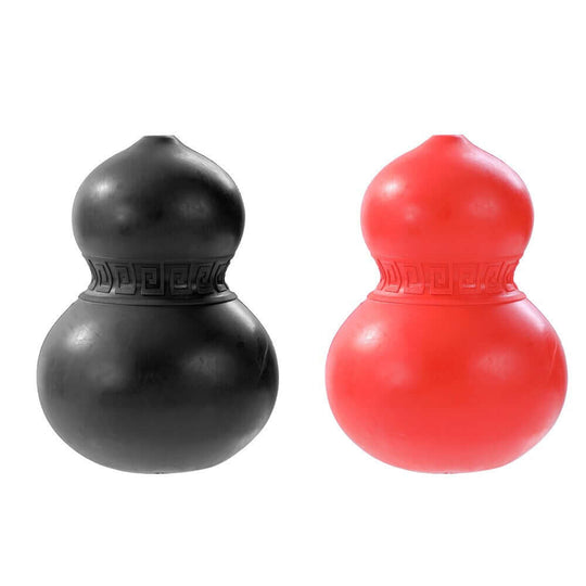 2 Dura Dog chew toys in black and red, durable gourd design for dental hygiene and treat holding.