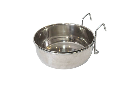 Stainless steel pet bowl feeder with easy clip-on design, 887ml capacity, ideal for rabbits and birds.