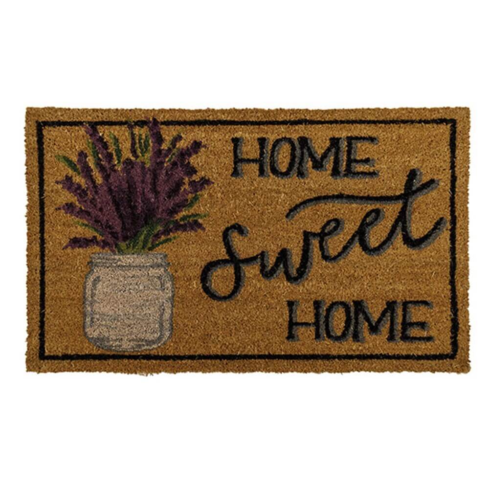 Elegant natural coir doormat with 'Home Sweet Home' and lavender design for front entryway decor.