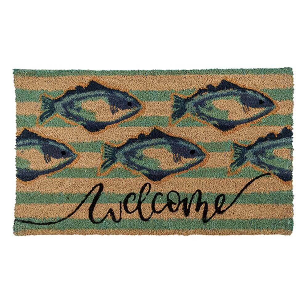 Coconut coir doormat with fish design and 'Welcome' text, perfect for front door entryway.