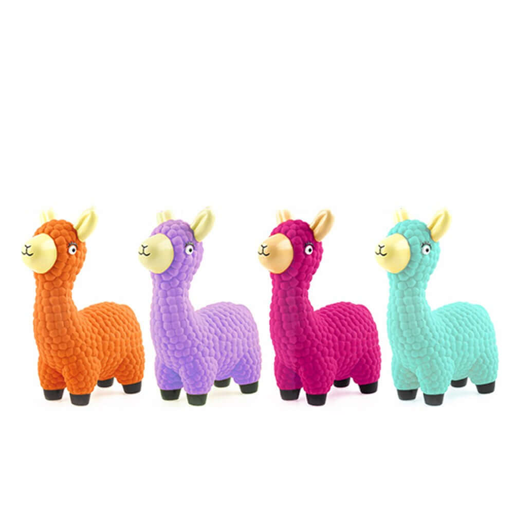 Colorful rubber llama toys in orange, purple, pink, and teal in a row, perfect for playful pets.