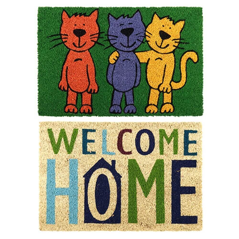 Colorful doormat featuring three cartoon cats and the words 'Welcome Home' in vibrant letters.