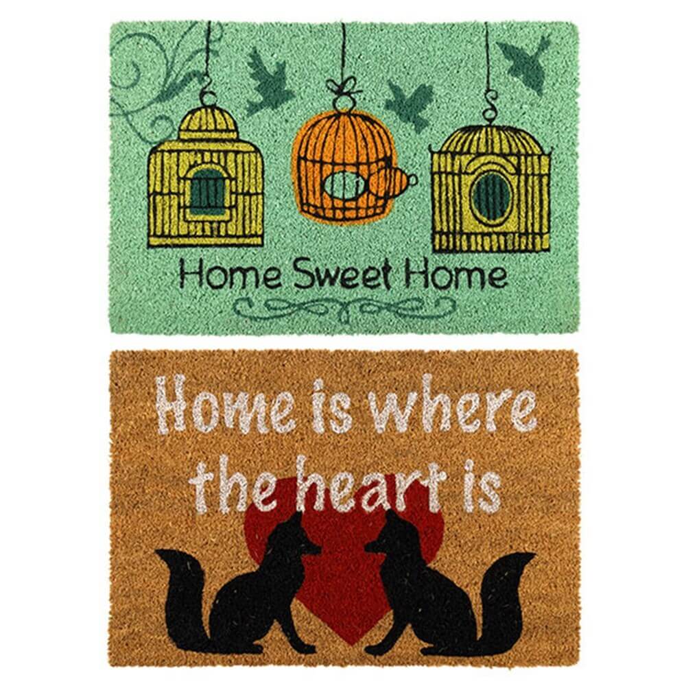 Two colorful coir doormats featuring 'Home Sweet Home' and 'Home is where the heart is' designs.