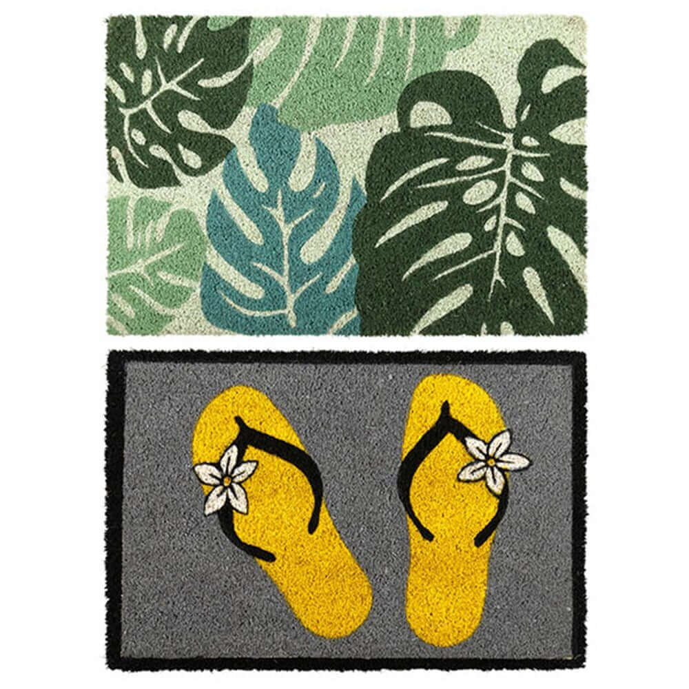 Two stylish doormats featuring tropical leaf designs and colorful flip-flops, perfect for enhancing outdoor entryways.