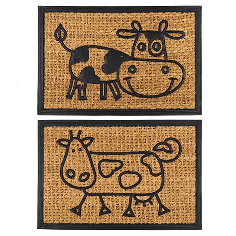 Two cute cow-themed natural coconut coir doormats with black outlines on a beige background.