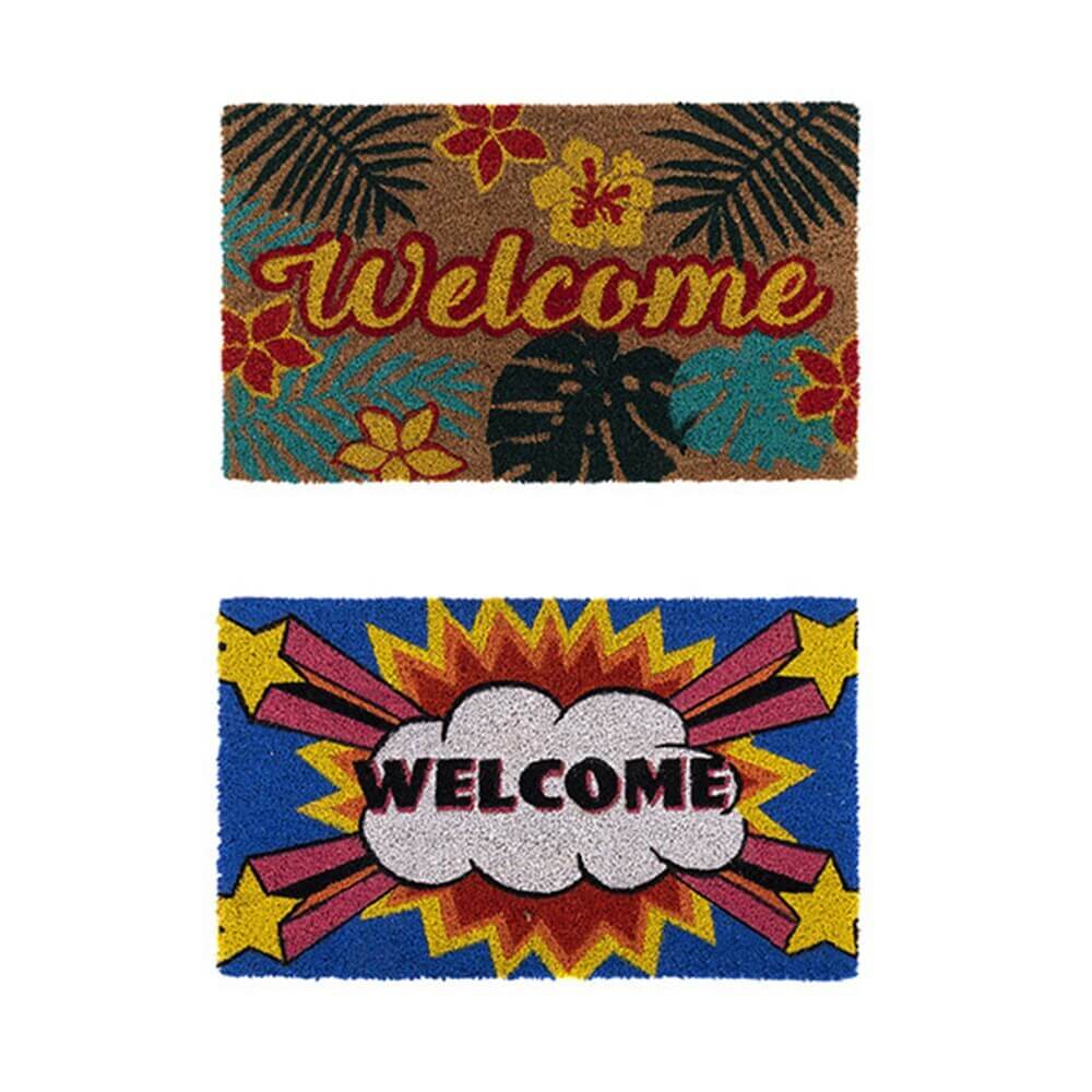 Set of two colorful doormats featuring 'Welcome' designs with tropical and comic styles.