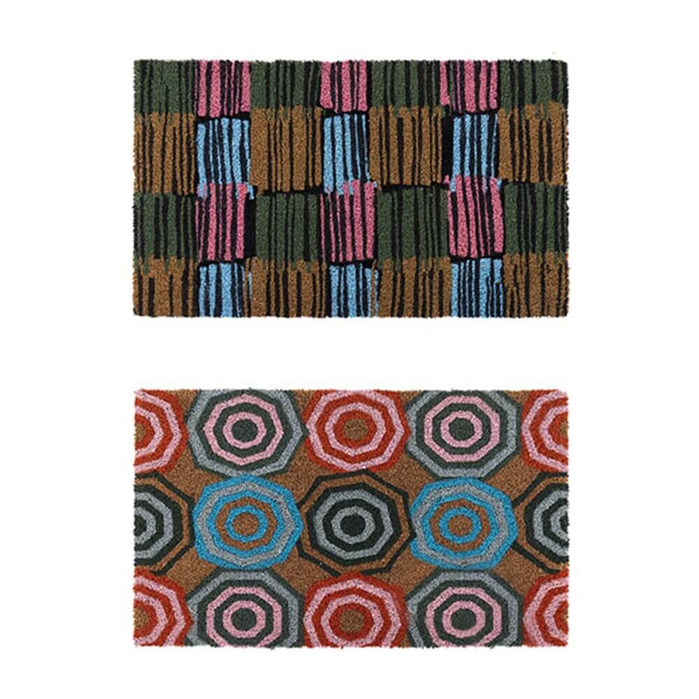 Set of 2 colourful outdoor doormats featuring vibrant patterns, made from natural coconut coir, perfect for front door entryways.