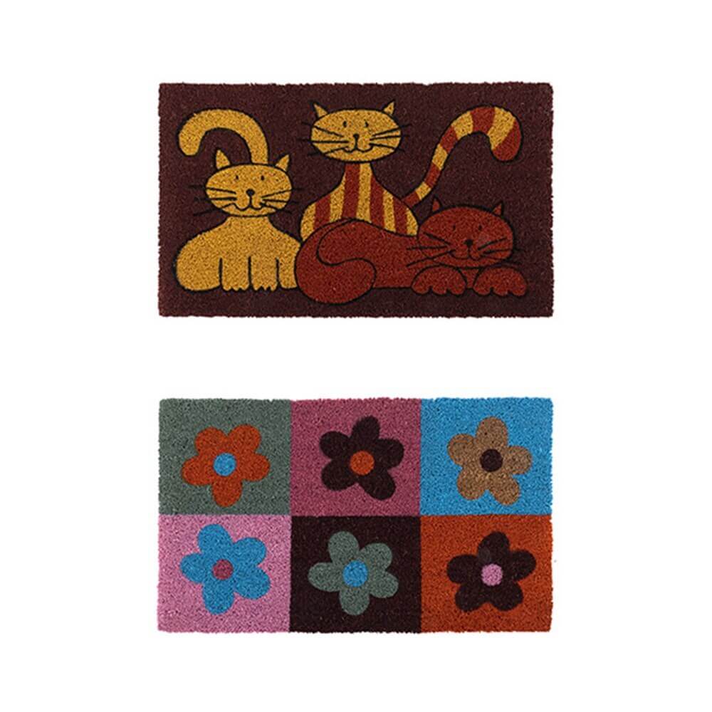 Colorful doormats featuring playful cats and vibrant flowers, perfect for welcoming guests at the front door.