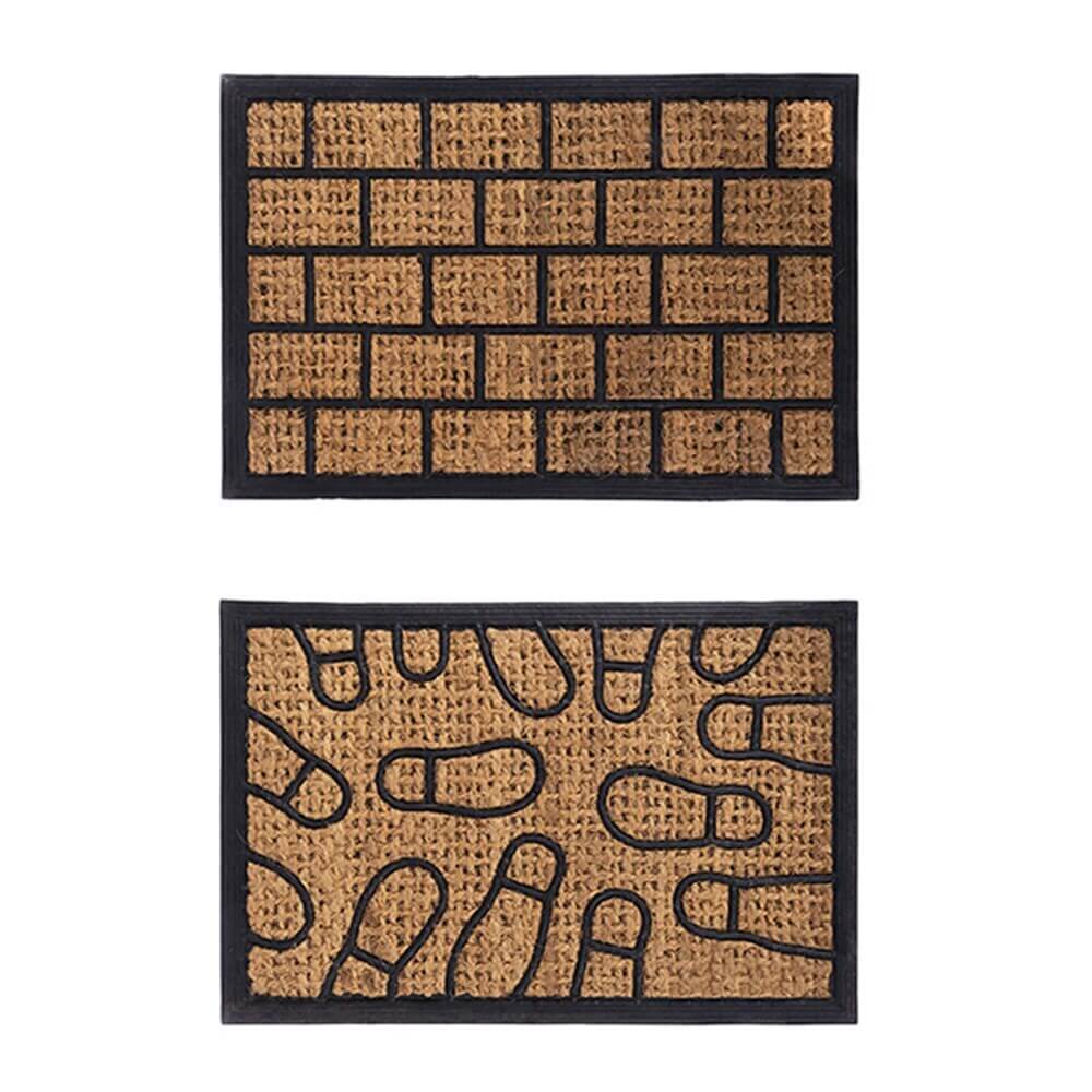 Set of two coconut coir doormats featuring brick and abstract designs on black rubber backing.