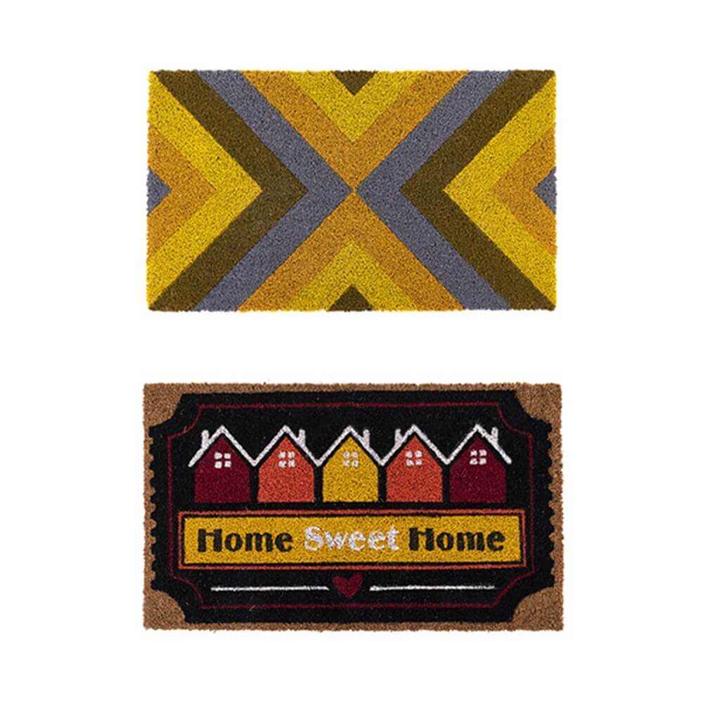 Two decorative doormats featuring geometric and 'Home Sweet Home' designs for entryways.