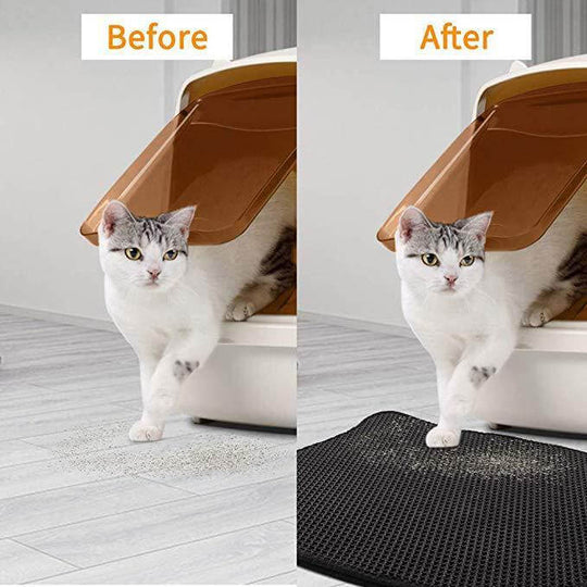 Before and after image showing litter scatter under a cat litter tray, highlighting the effectiveness of a trapping mat.