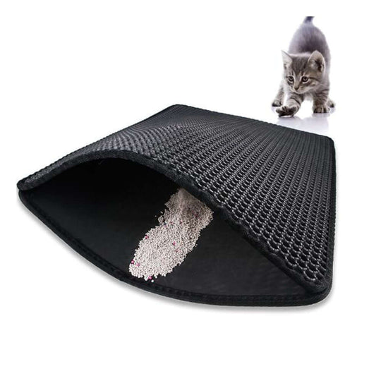 YES4PETS double layer cat litter trap mat with honeycomb design, trapping litter, and a playful cat in the background.