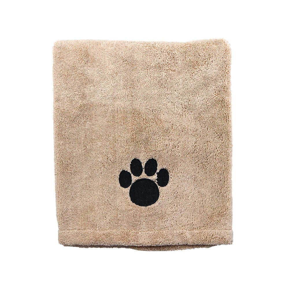 Microfiber pet towel with paw print design, soft and absorbent for drying dogs and cats after baths or beach trips.