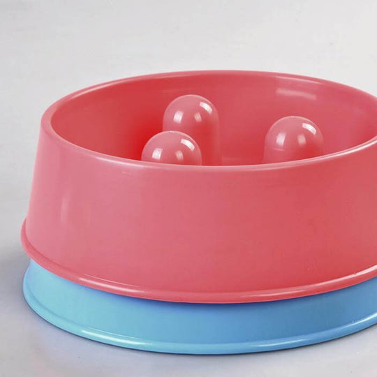 Affordable pink and blue XL anti-gulp feeder bowl for dogs and cats, promoting slower eating and digestion.