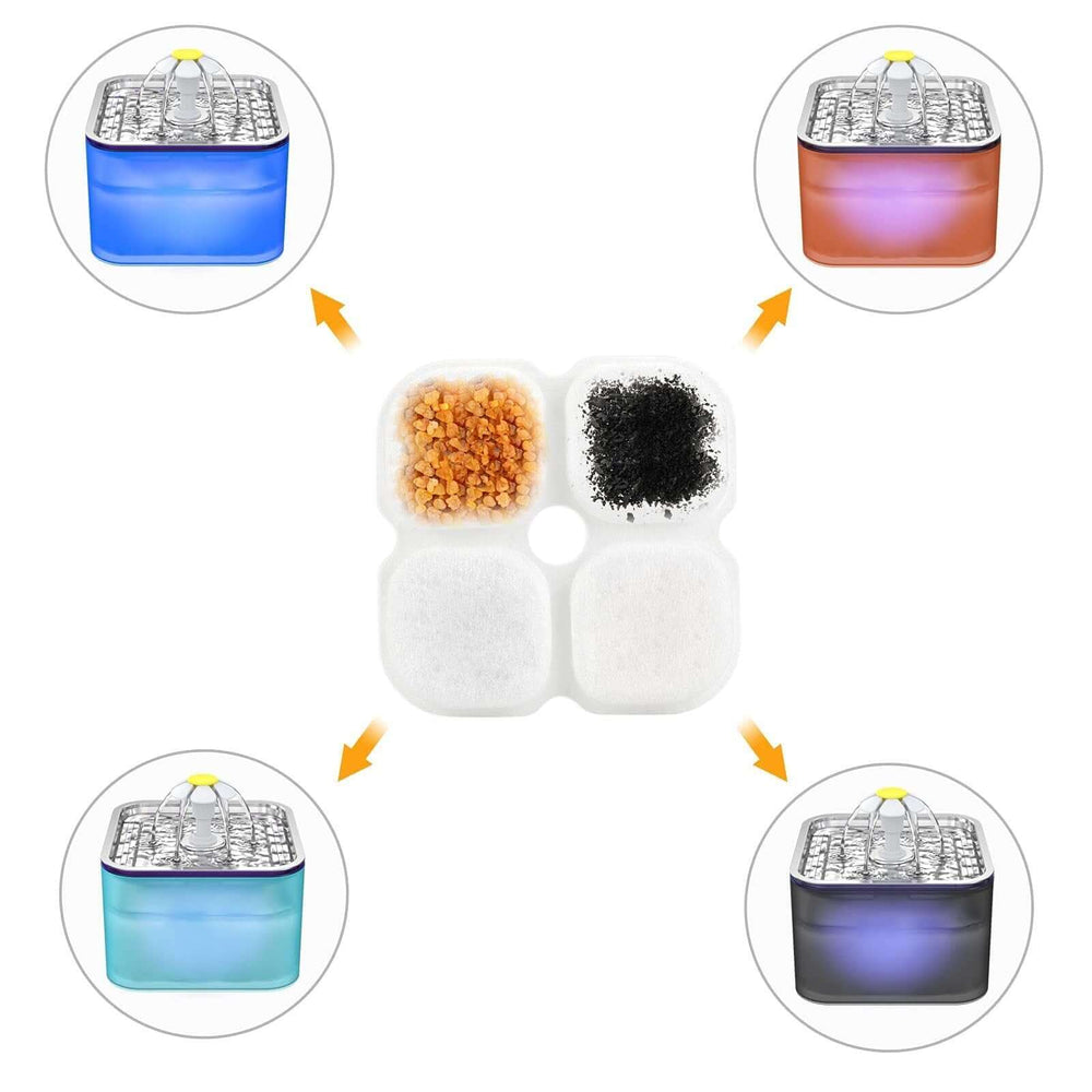 YES4PETS pet fountain filter replacement set showing four filtration components: activated carbon, ion exchange resin, and cotton.