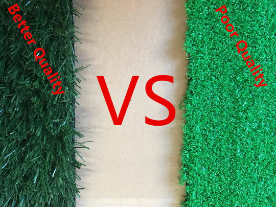 Comparison of better quality synthetic grass vs poor quality synthetic grass for dog potty pads.