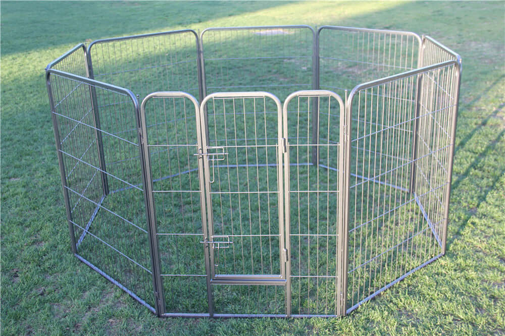 Heavy-duty 16-panel pet playpen on grass, perfect for dogs, cats, or rabbits, providing a safe and secure play area.