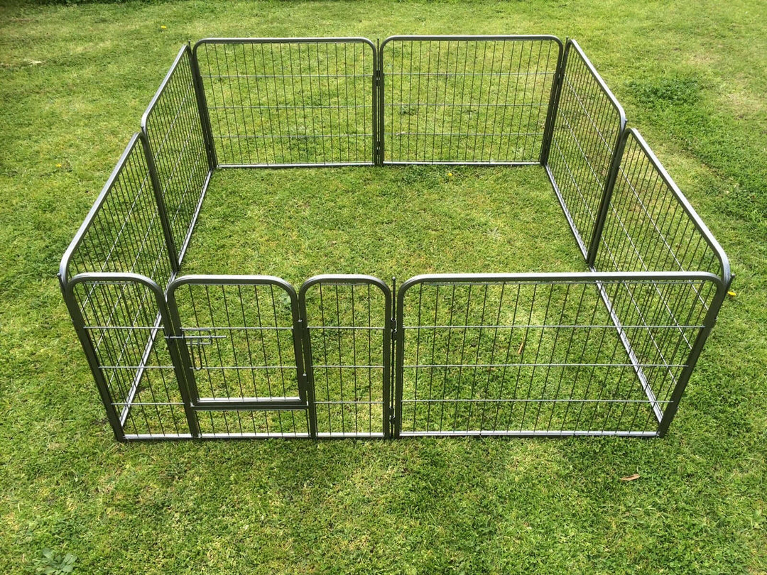 Heavy duty 16-panel pet playpen fence on grass, ideal for dogs, puppies, and small animals. Affordable and portable design.