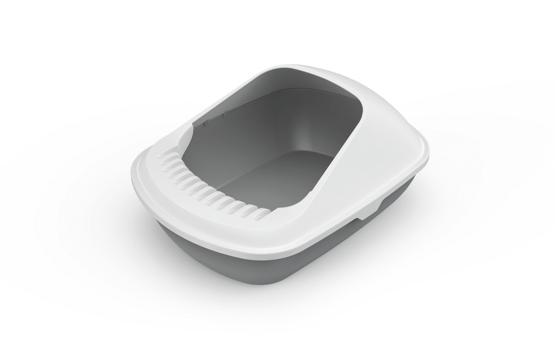 Affordable semi-enclosed medium cat litter box tray in grey, designed for easy cleaning and mess prevention.