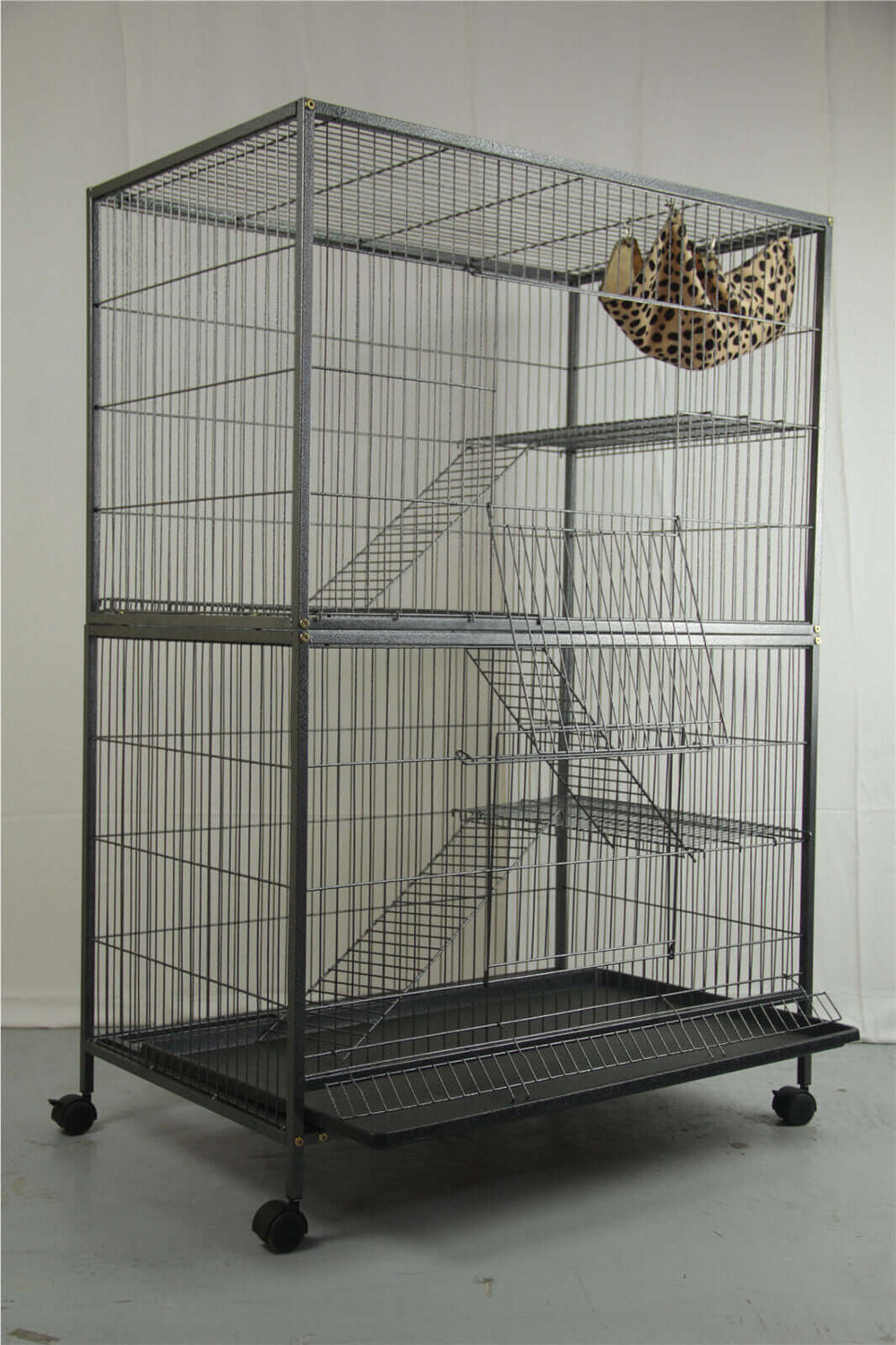 YES4PETS metal cage with multiple platforms and ladders for ferrets, birds, and cats, featuring wheels for easy movement.