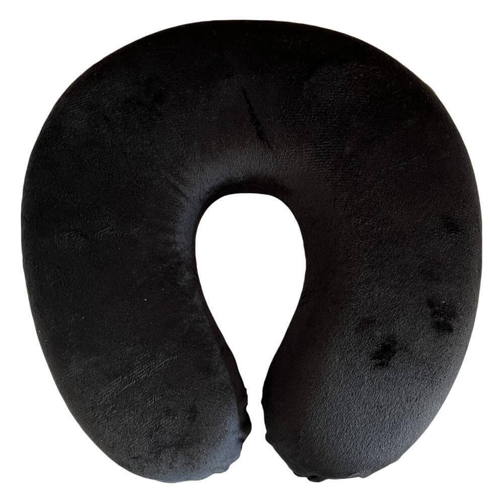 Black U-shaped travel foam pillow for neck support, affordable and quality travel accessory for comfort.