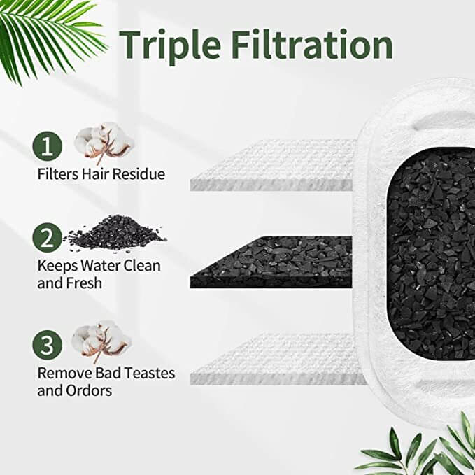 Triple filtration process of pet fountain filters: removes hair, keeps water fresh, and eliminates bad tastes and odors.