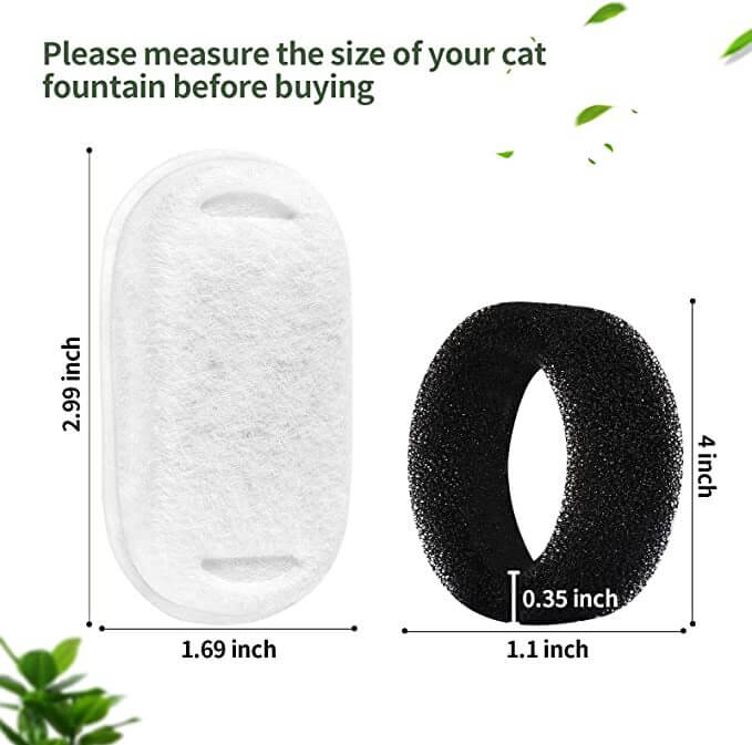 Dimensions of YES4PETS cat fountain filter and foam, measuring 2.99 x 1.69 inches and 4 x 1.1 inches respectively.