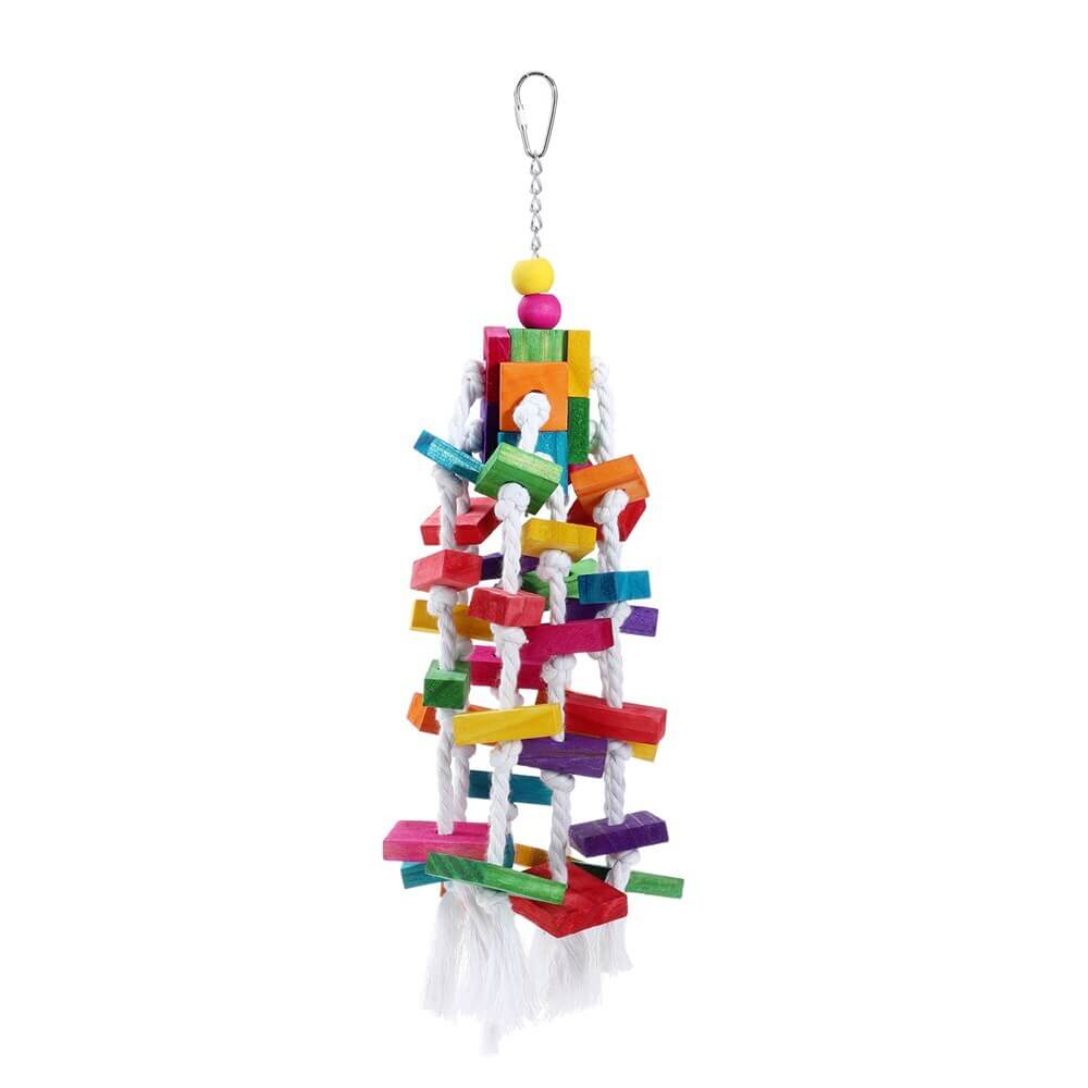 Colorful wood and rope hanging toy for parrots, budgies, and cockatiels, promoting interactive play and exercise.