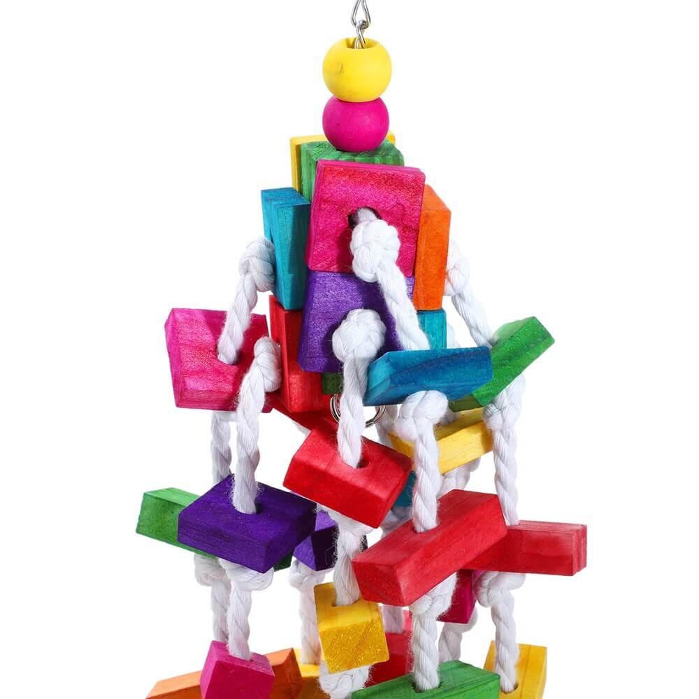 Colorful wood and rope hanging swing toy for birds, ideal for parakeets and cockatiels, supports play and exercise.