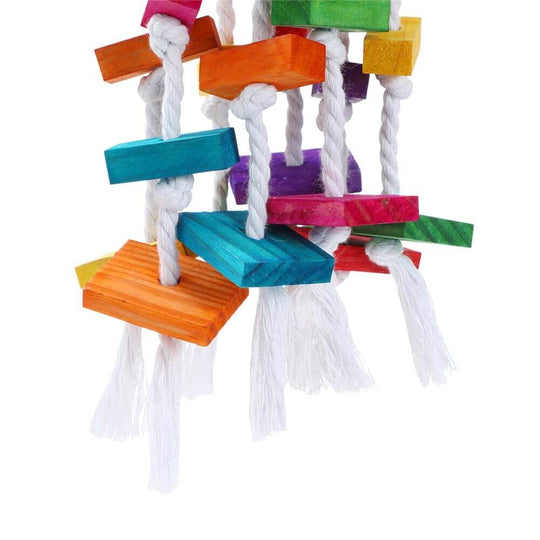 Colorful wood hanging swing toy for parrots, parakeets, cockatiels, and budgies.