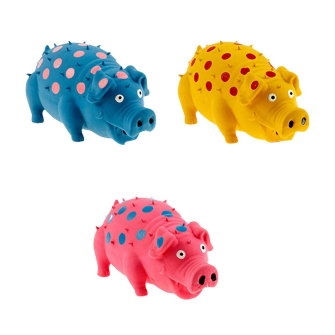 Set of 3 colorful rubber pig toys for dogs, promoting dental hygiene and playful chewing, made from non-toxic material.