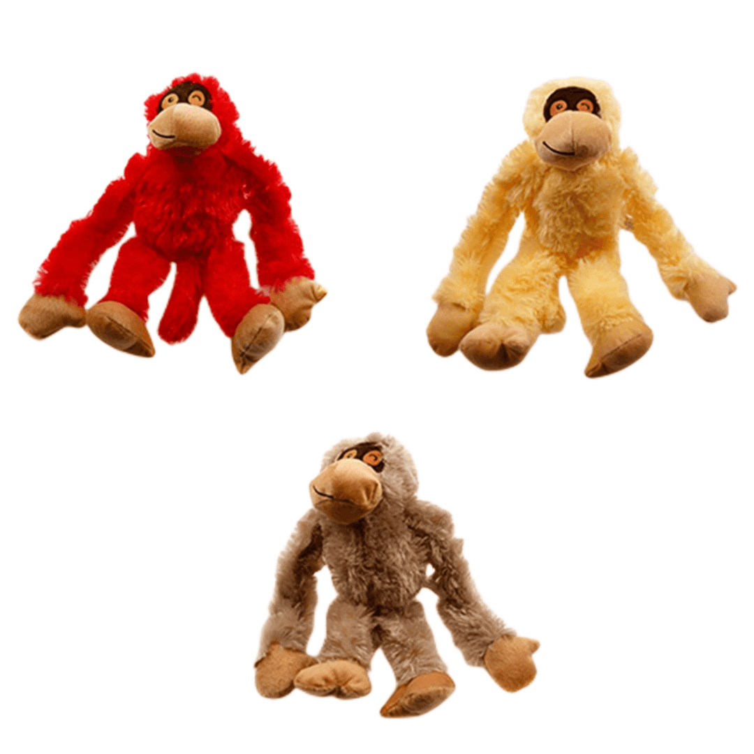 Three plush gorilla dog toys in red, yellow, and brown, ideal for squeaky play and promoting healthy teeth.