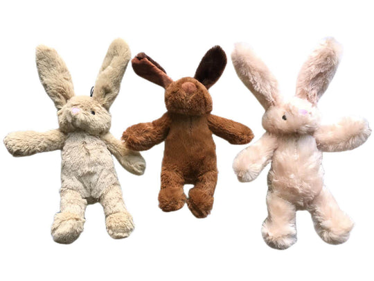 Three soft plush bunny dog toys, ideal for pet play and dental health, 25 cm each, affordable quality toys.