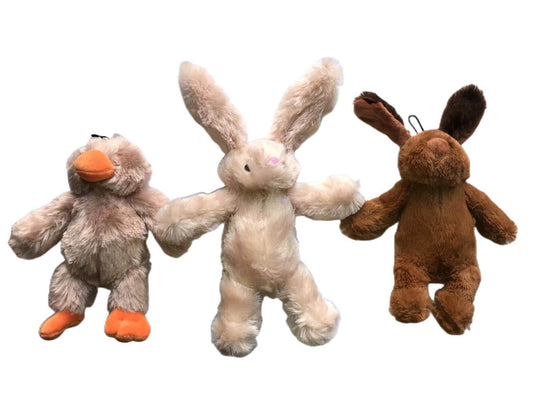 3 x plush animal toys for dogs, soft squeaky bunny, duck, and brown rabbit, 25 cm each, affordable quality pet toys.