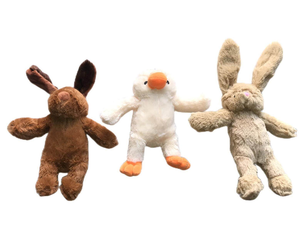 3 plush squeaky dog toys featuring bunnies and a bird, great for pet play and dental health, affordable quality puppy toys.