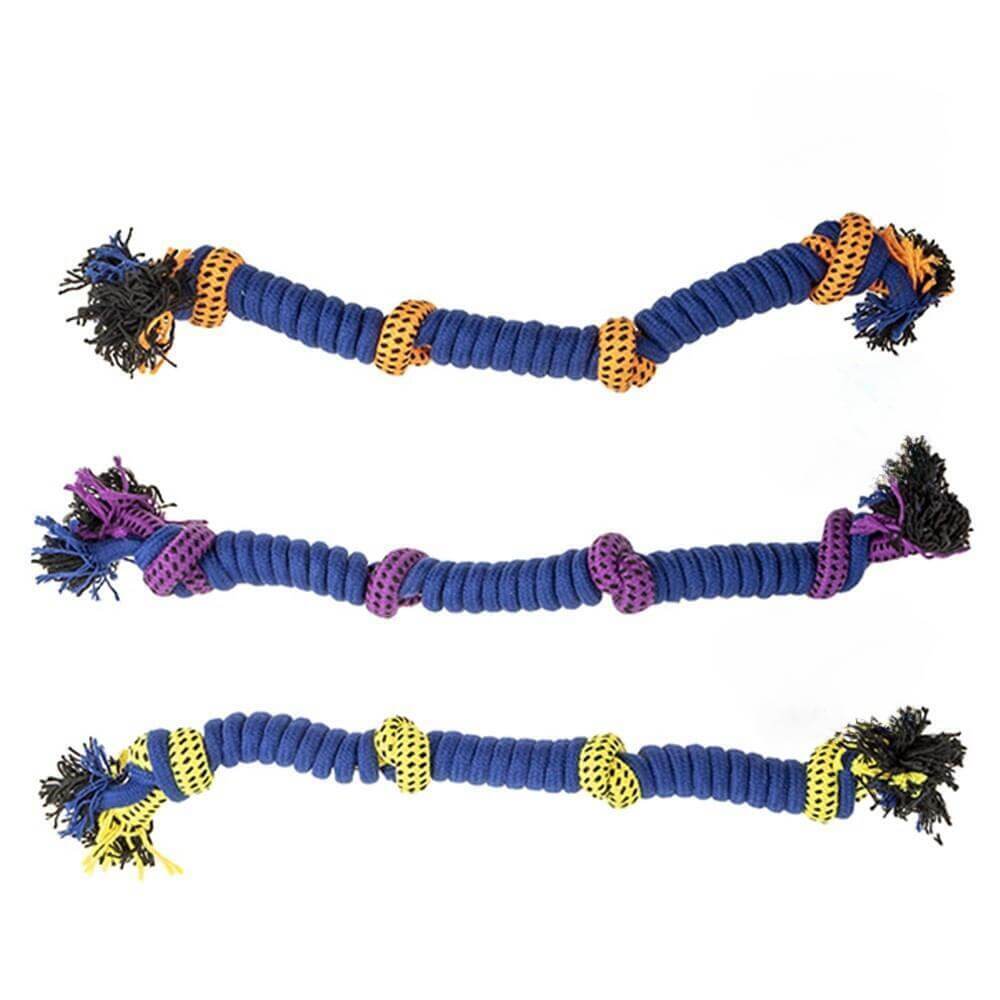 3 assorted colors of durable knotted cotton rope dog toys for tug-of-war and dental play