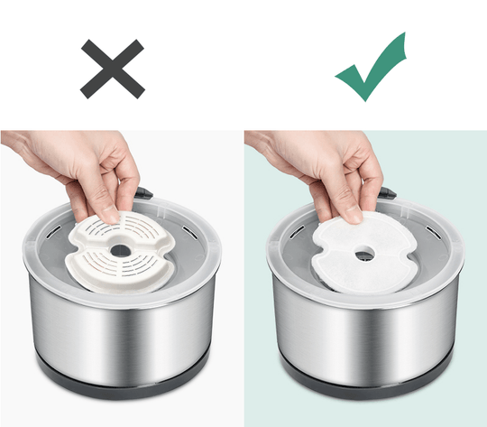 Comparison of pet fountain filter installation: incorrect vs. correct setup for optimal filtration.