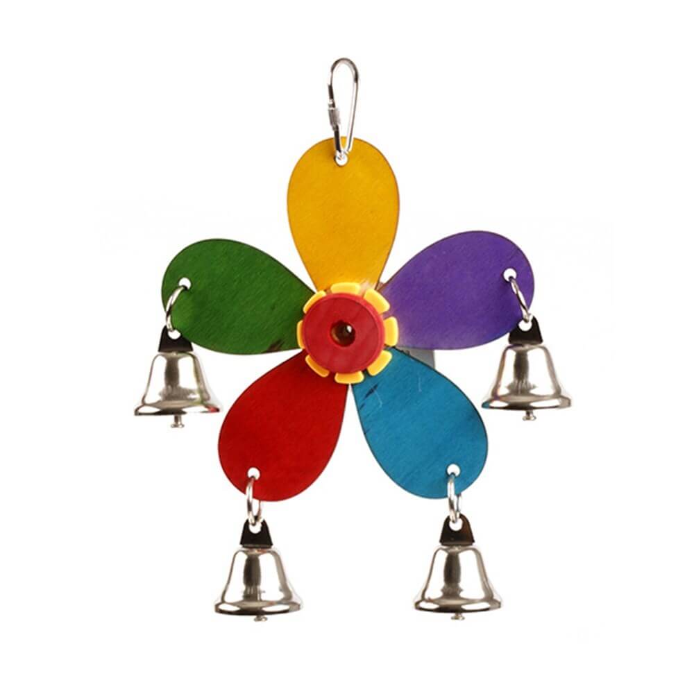 Colorful hanging bird toy with bells, ideal for small parakeets and cockatiels, promoting fun and intelligence.