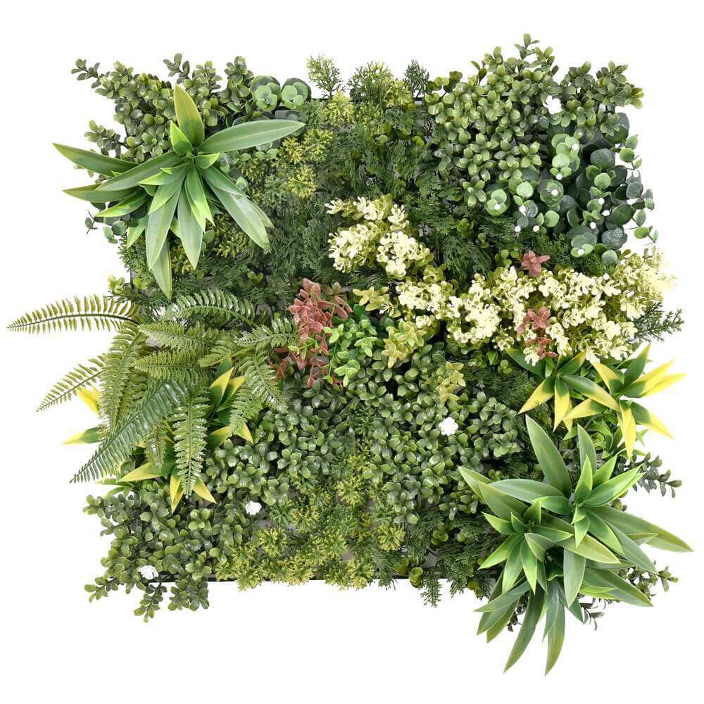 Lush green artificial plant wall panel with diverse foliage, ideal for affordable DIY vertical gardens.