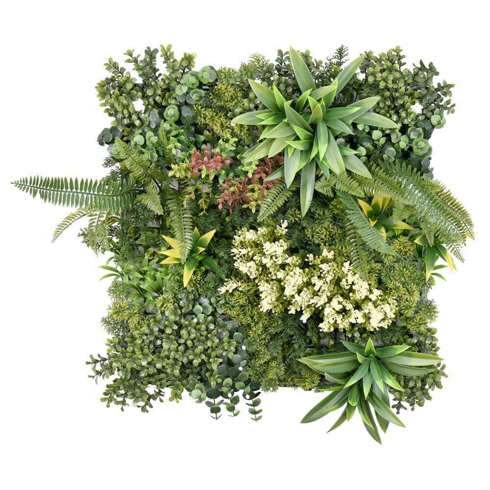 Lush green artificial plant wall panel featuring diverse foliage and flowers for vertical garden decor, 50x50 cm.