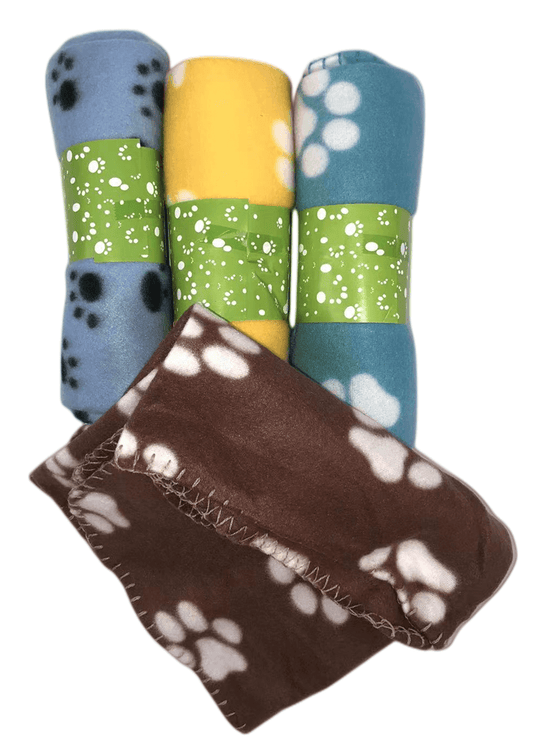 Set of 4 colorful pet blankets with paw print design, soft fleece for dogs and cats.