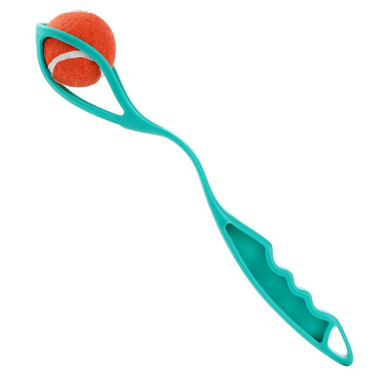 Interactive dog ball launcher in turquoise color with tennis ball, perfect for affordable and quality outdoor play.