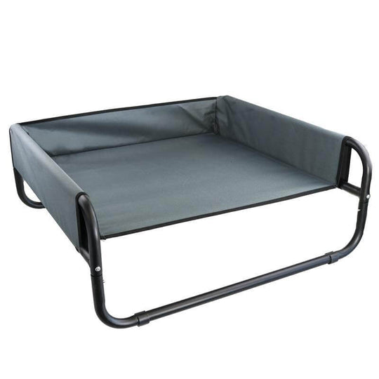 Affordable grey and black large dog walled trampoline hammock bed, easy to clean and assemble, 85 x 85 x 33 cm.