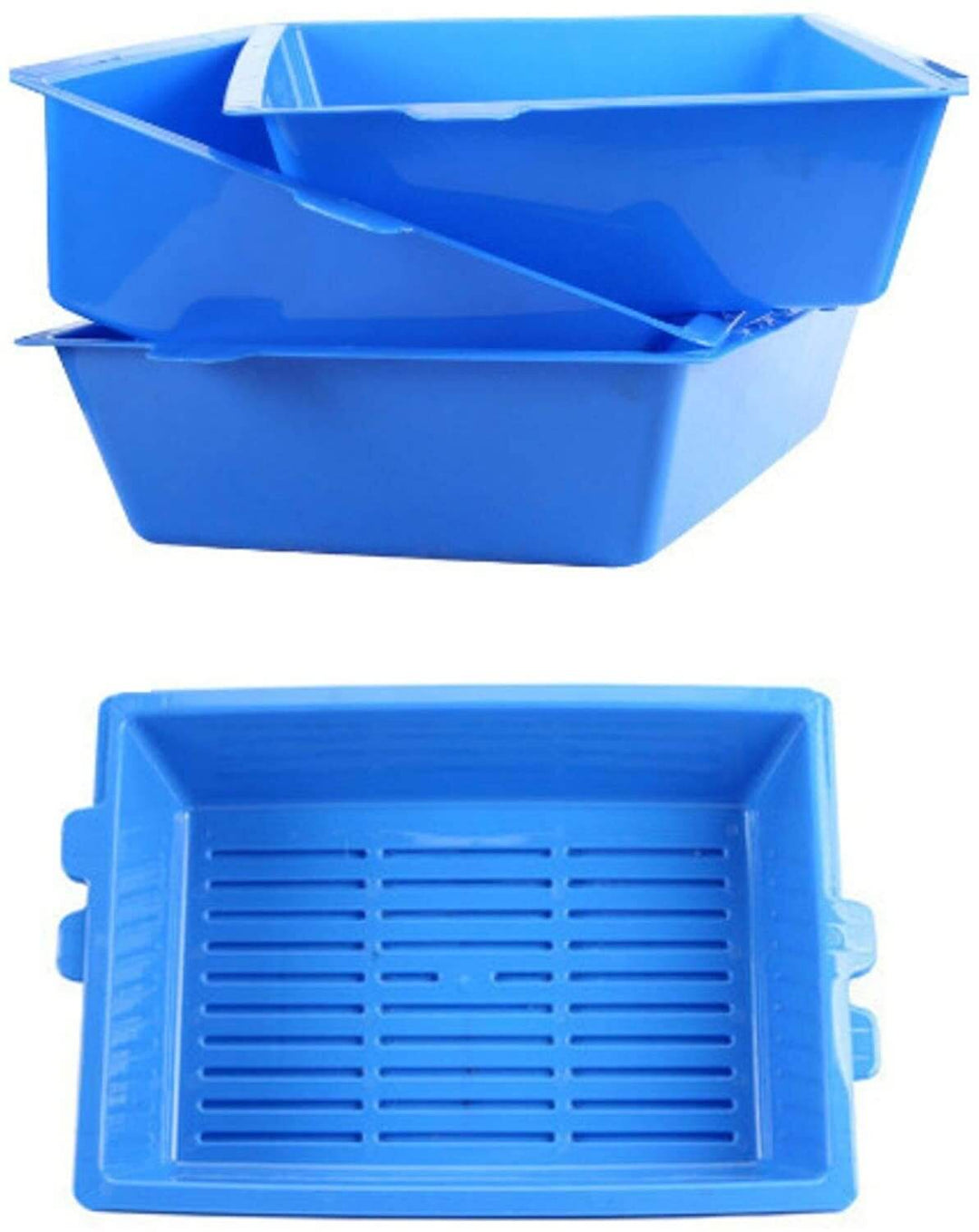 Stacked blue self-cleaning cat litter trays, featuring a slotted design for easy waste removal.