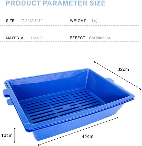 Blue plastic cat litter box with dimensions 44cm x 32cm x 10cm, ideal for self-cleaning and mess-free use.