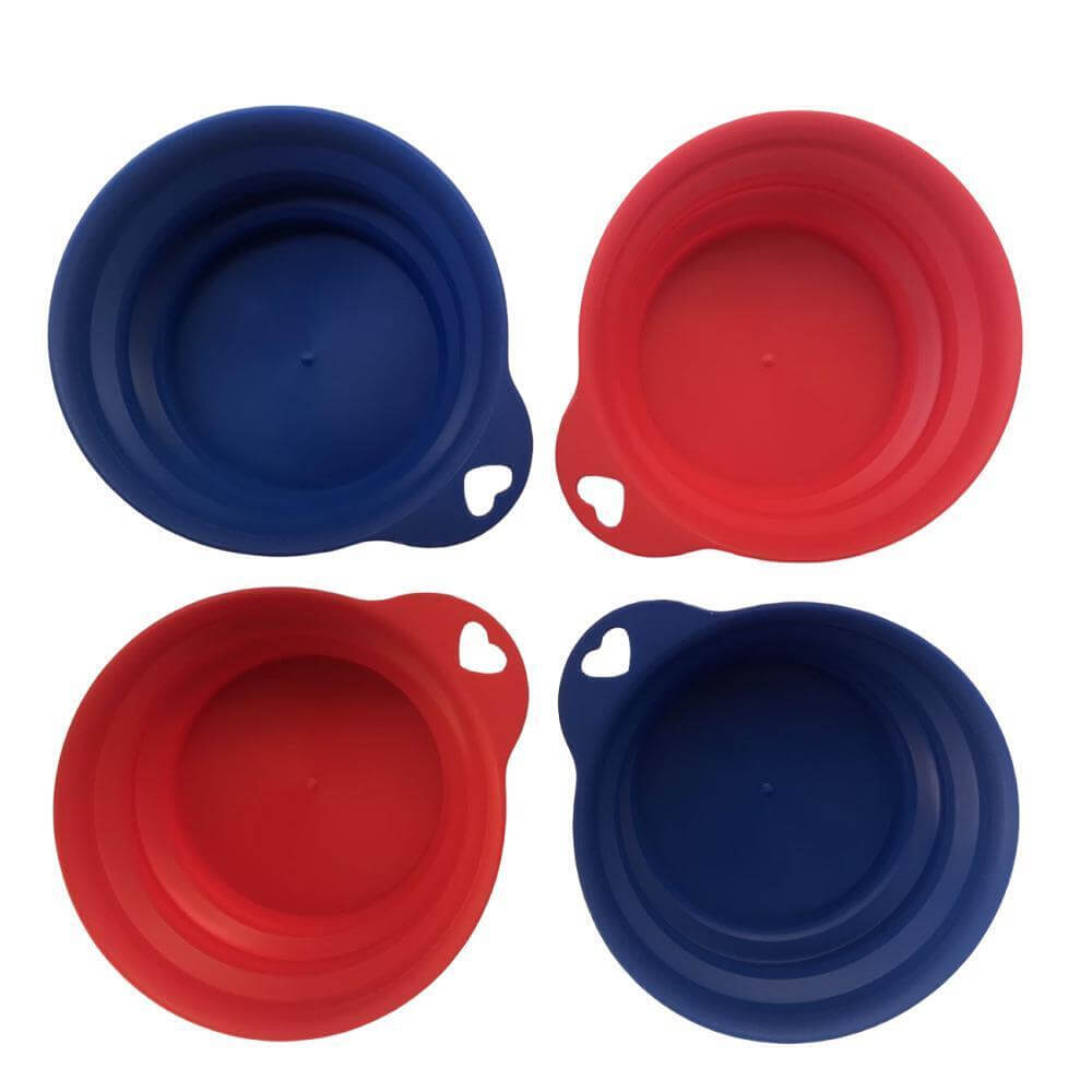 4 pack of collapsible dog and cat bowls in red and blue, perfect for travel and outdoor adventures.