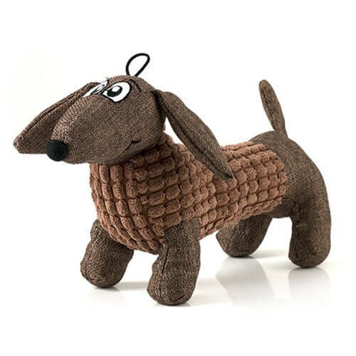 Durable plush dog toy in brown, 31cm long, perfect for pet entertainment and brain stimulation.