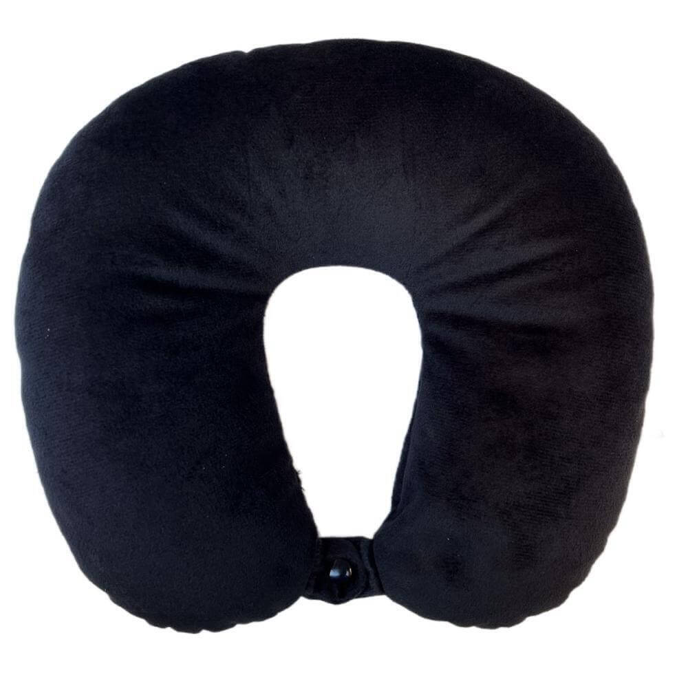 Affordable microbead U shaped travel neck pillow in black, perfect head support for travel comfort.