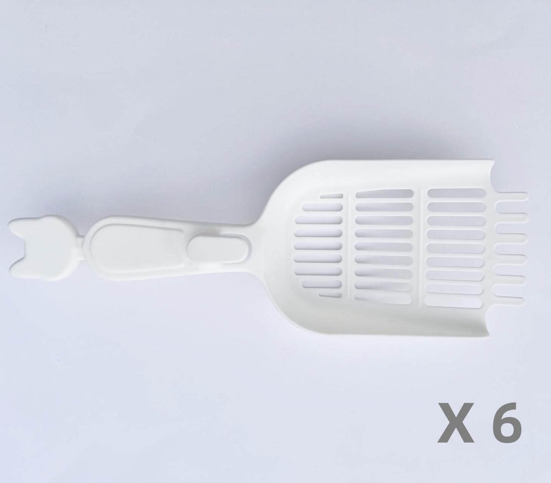 Set of 6 affordable white plastic pet poop scoopers for easy cat litter and dog waste cleanup.